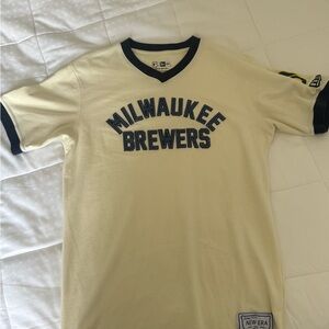 SOLD New Era Cream and Navy Milwaukee Brewers Jersey